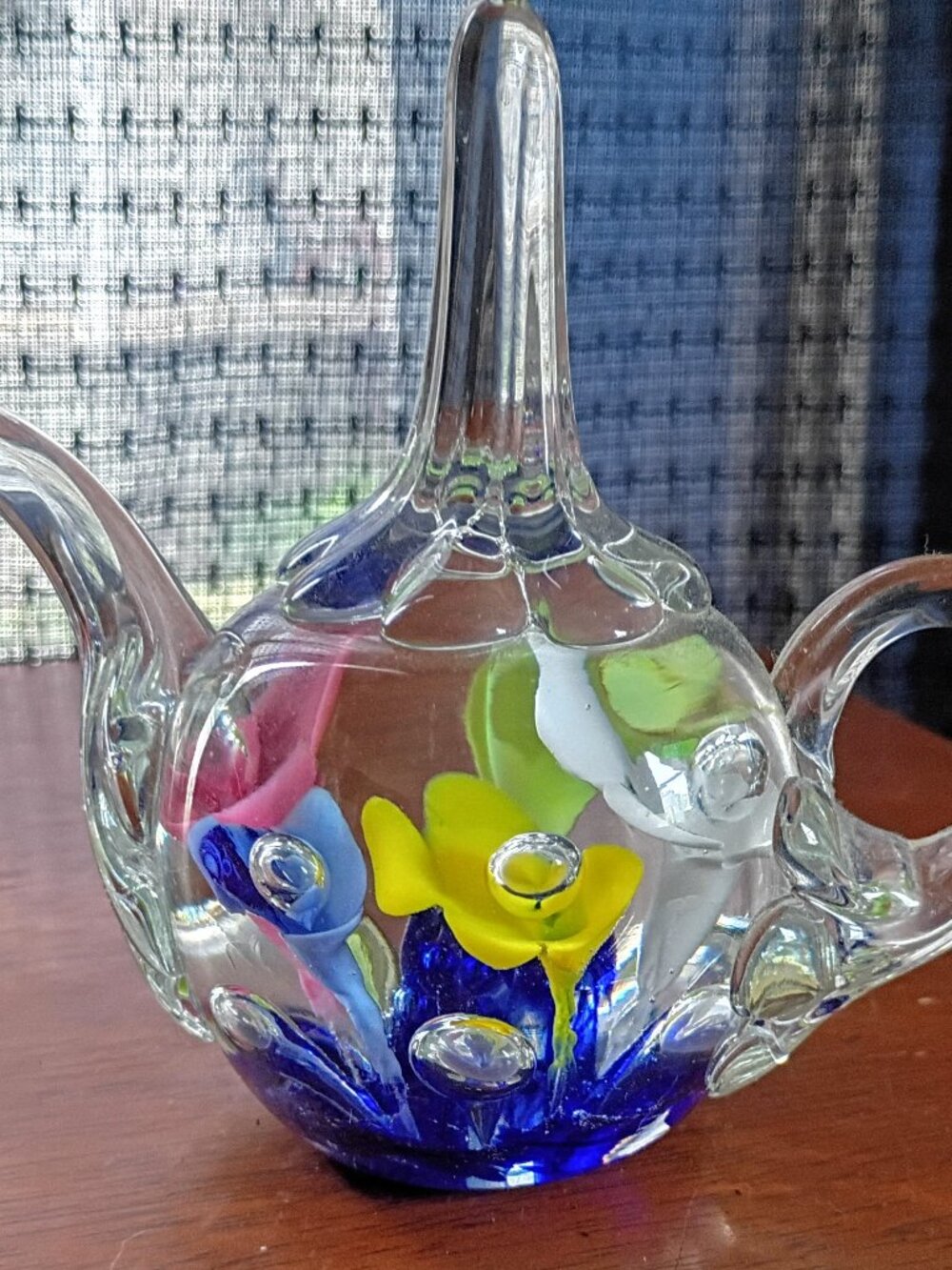 Vintage Joe St Clair Paperweight Hand Blown Glass Teapot Ring Holder Multicolor